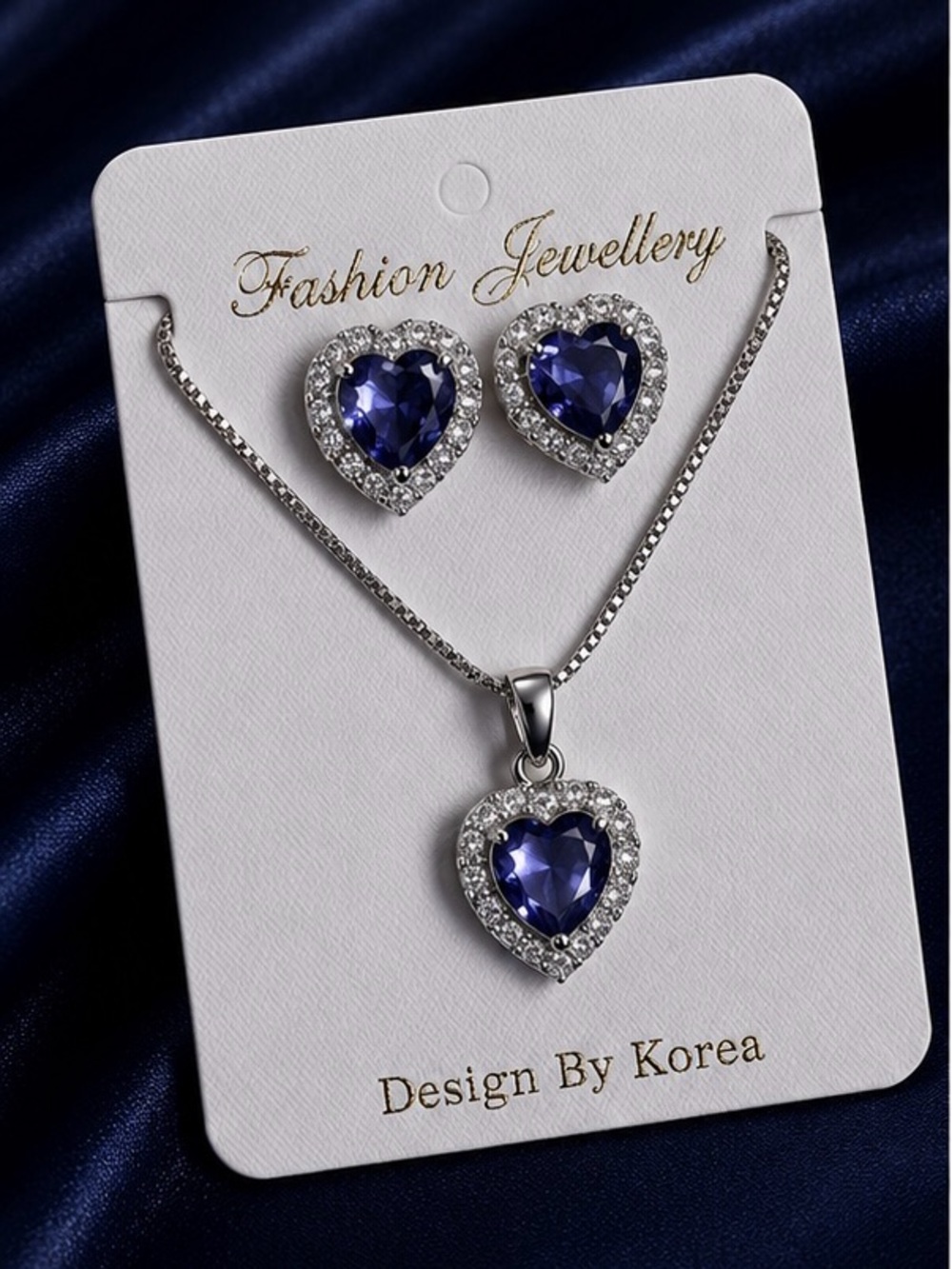 Women's Silver Necklace & Earrings Set with Purple Heart Stones